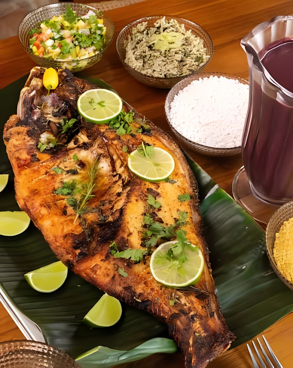Prato amazônico com tambaqui grelhado e açaí