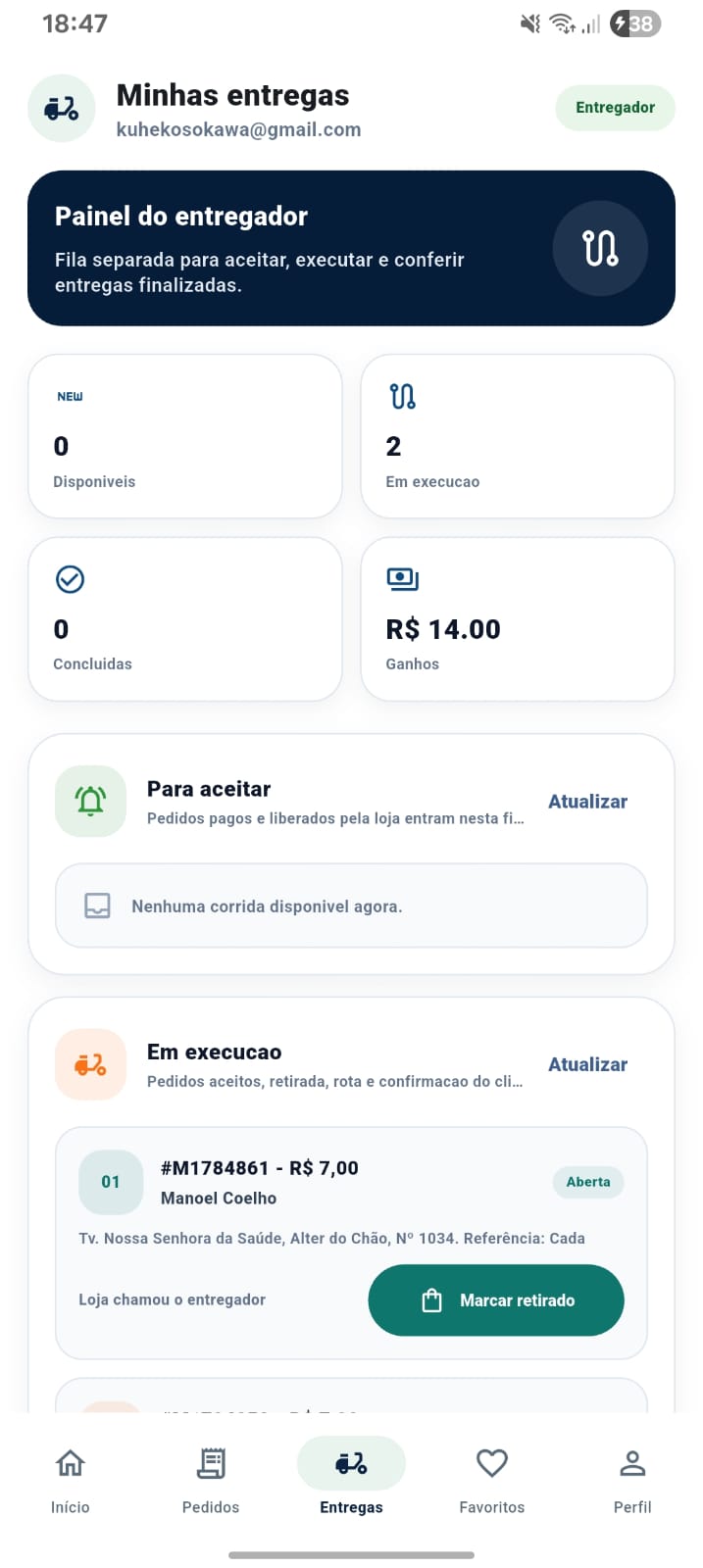 Painel de entregas do entregador no aplicativo Muirá