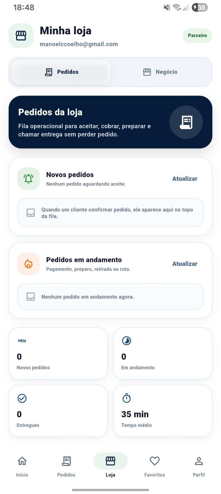 Painel de pedidos da loja no aplicativo Muirá