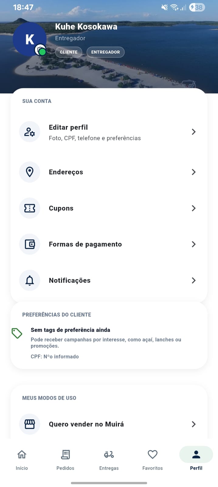 Tela de perfil do usuário no aplicativo Muirá